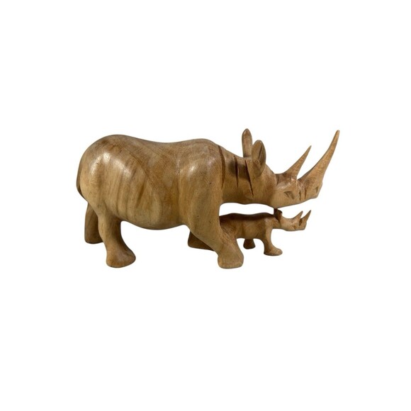 VTG Hand Carved Solid Wood African Rhinoceros & Baby Figurine Sculpture 4”x7.5" - Picture 8 of 12
